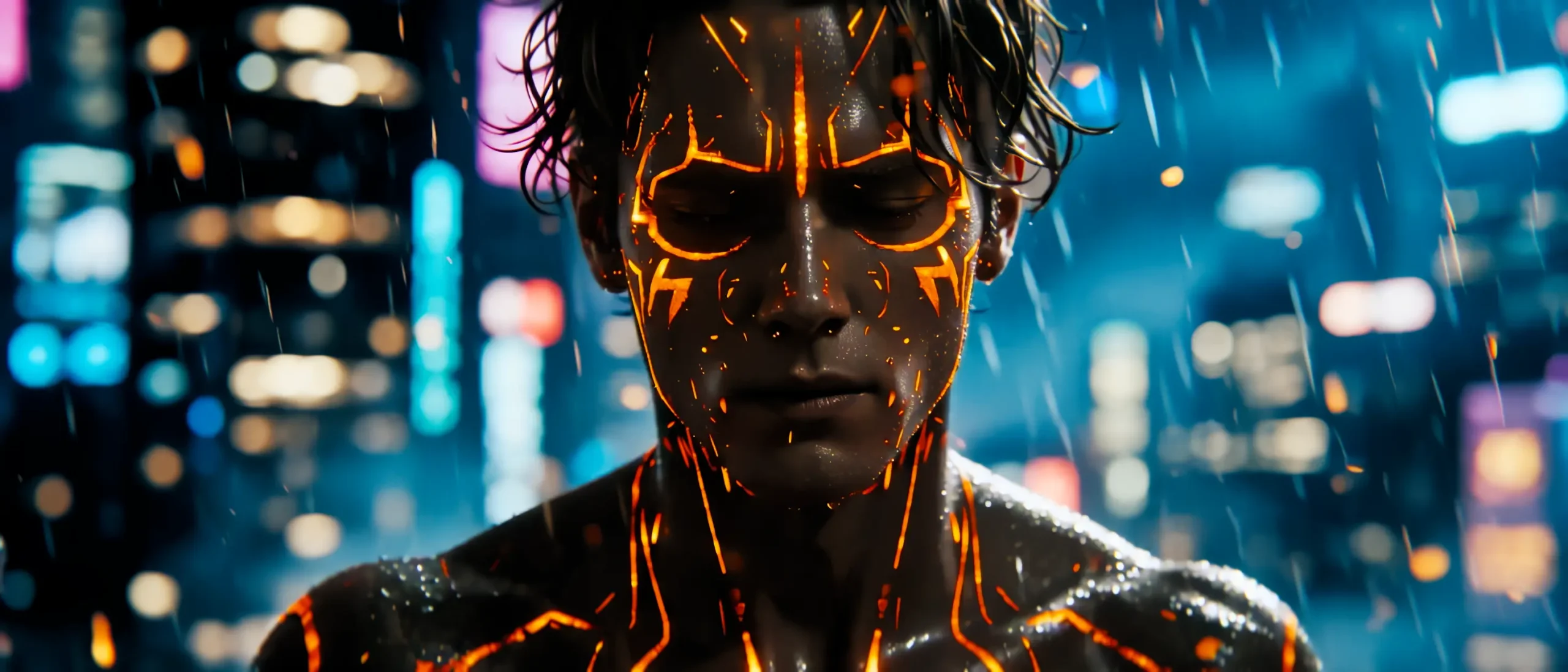 A detailed portrait focusing on the neon-etched textures on the subject.