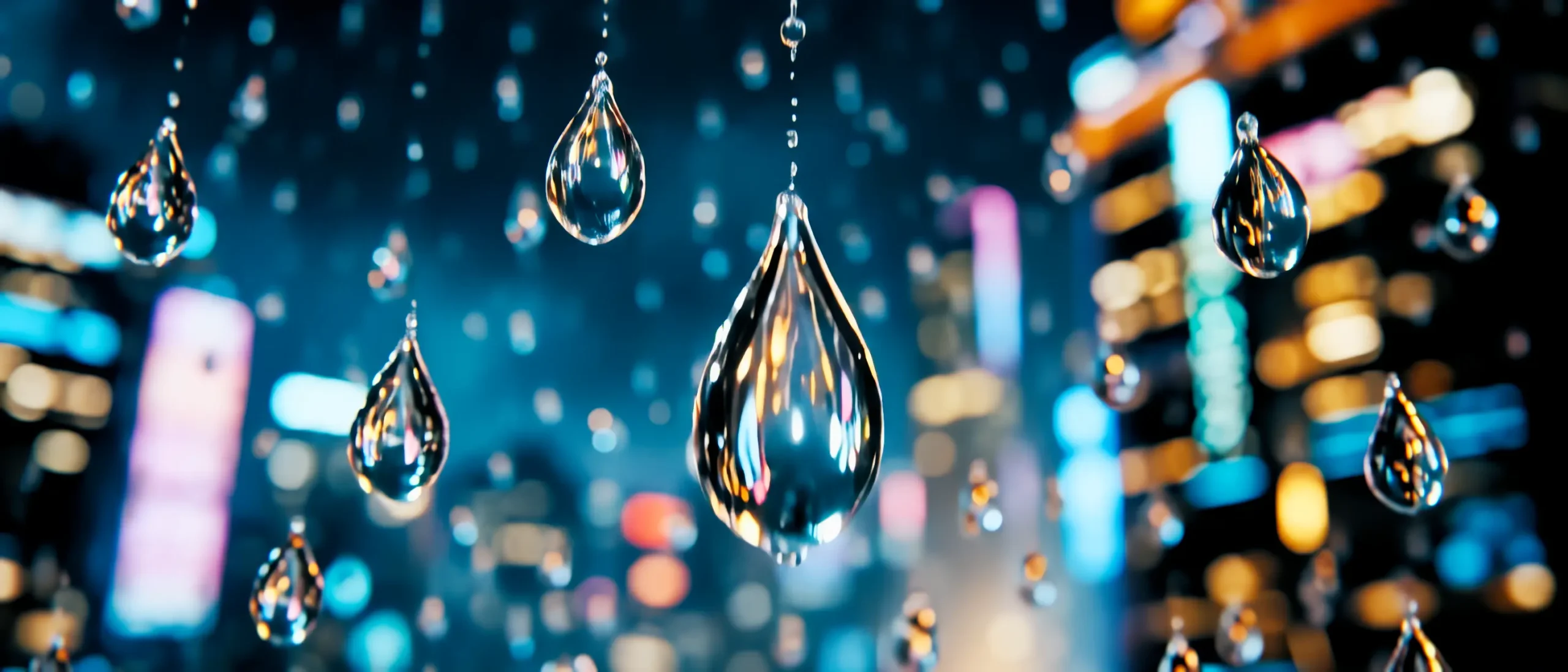 A stylistic macro shot emphasizing the rain and atmospheric lighting.
